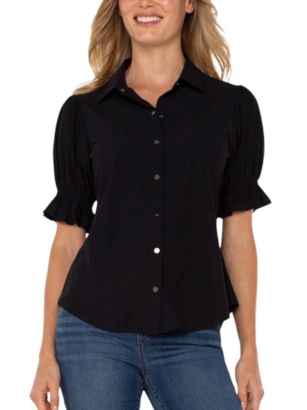 Liverpool Puff-Sleeve Button-Front Shirt in Tech Stretch Fabric